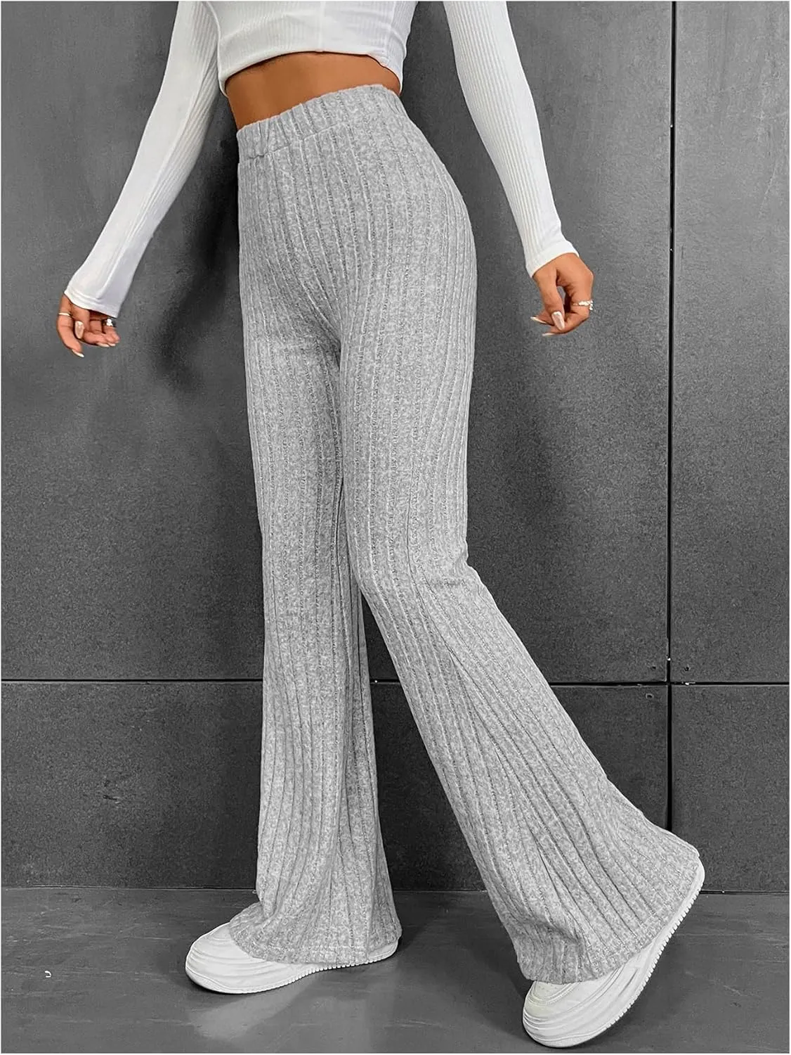 WDIRARA Women's Elastic High Waist Flare Pants Ribbed Knit Bell Bottom Trousers