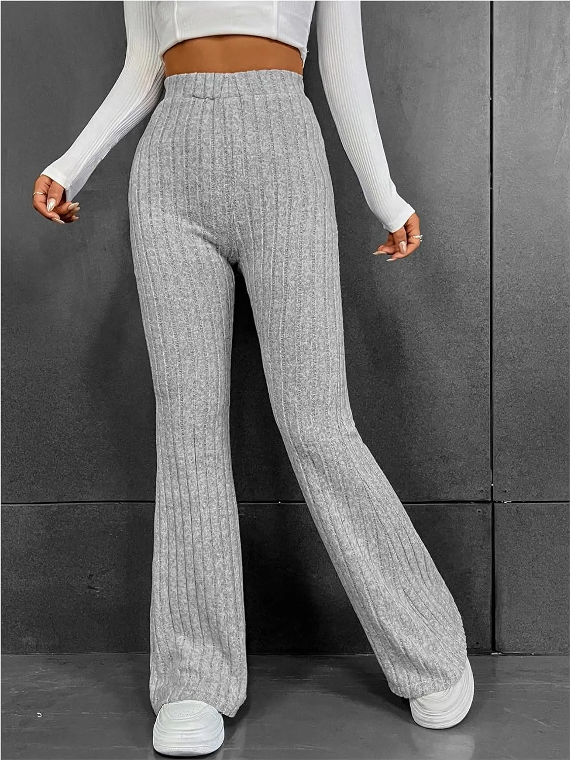 WDIRARA Women's Elastic High Waist Flare Pants Ribbed Knit Bell Bottom Trousers