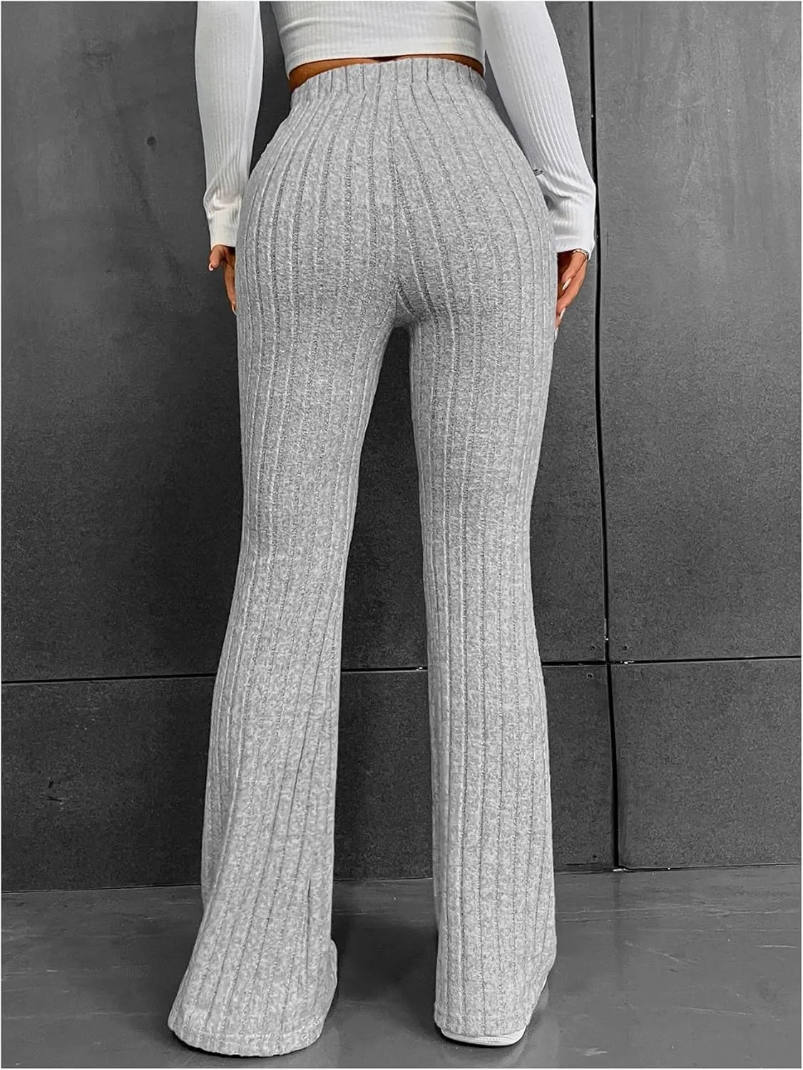 WDIRARA Women's Elastic High Waist Flare Pants Ribbed Knit Bell Bottom Trousers