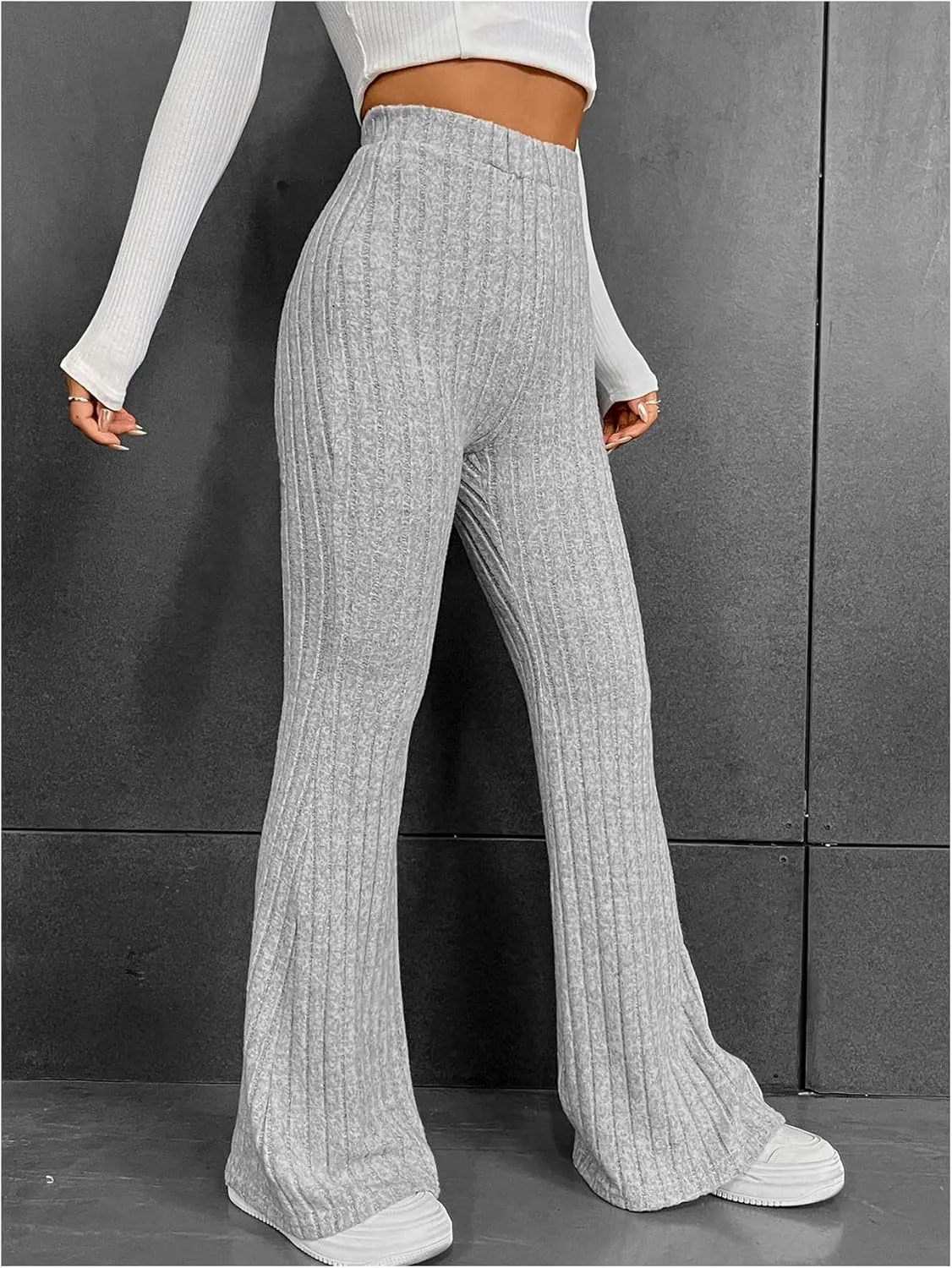 WDIRARA Women's Elastic High Waist Flare Pants Ribbed Knit Bell Bottom Trousers
