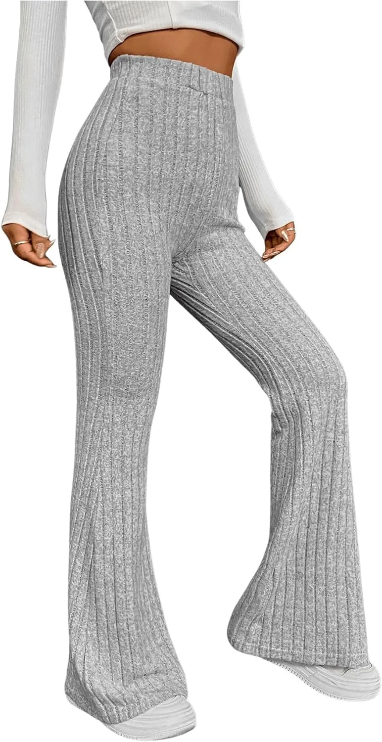 WDIRARA Women's Elastic High Waist Flare Pants Ribbed Knit Bell Bottom Trousers