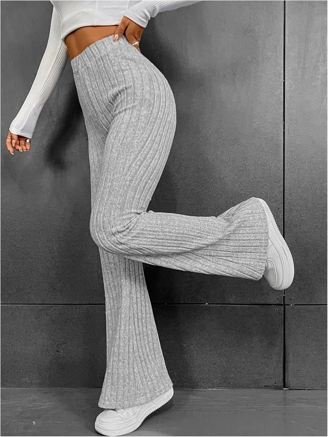 WDIRARA Women's Elastic High Waist Flare Pants Ribbed Knit Bell Bottom Trousers