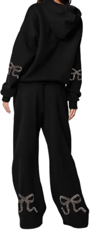 Women 2 Piece Bow Print Tracksuit Outfits Long Sleeve Hoodies Wide Leg Sweatpant Oversized Sweat Set with Pockets