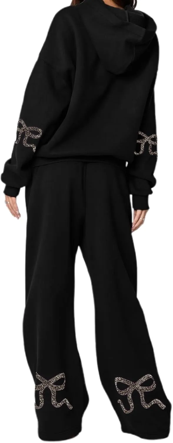 Women 2 Piece Bow Print Tracksuit Outfits Long Sleeve Hoodies Wide Leg Sweatpant Oversized Sweat Set with Pockets