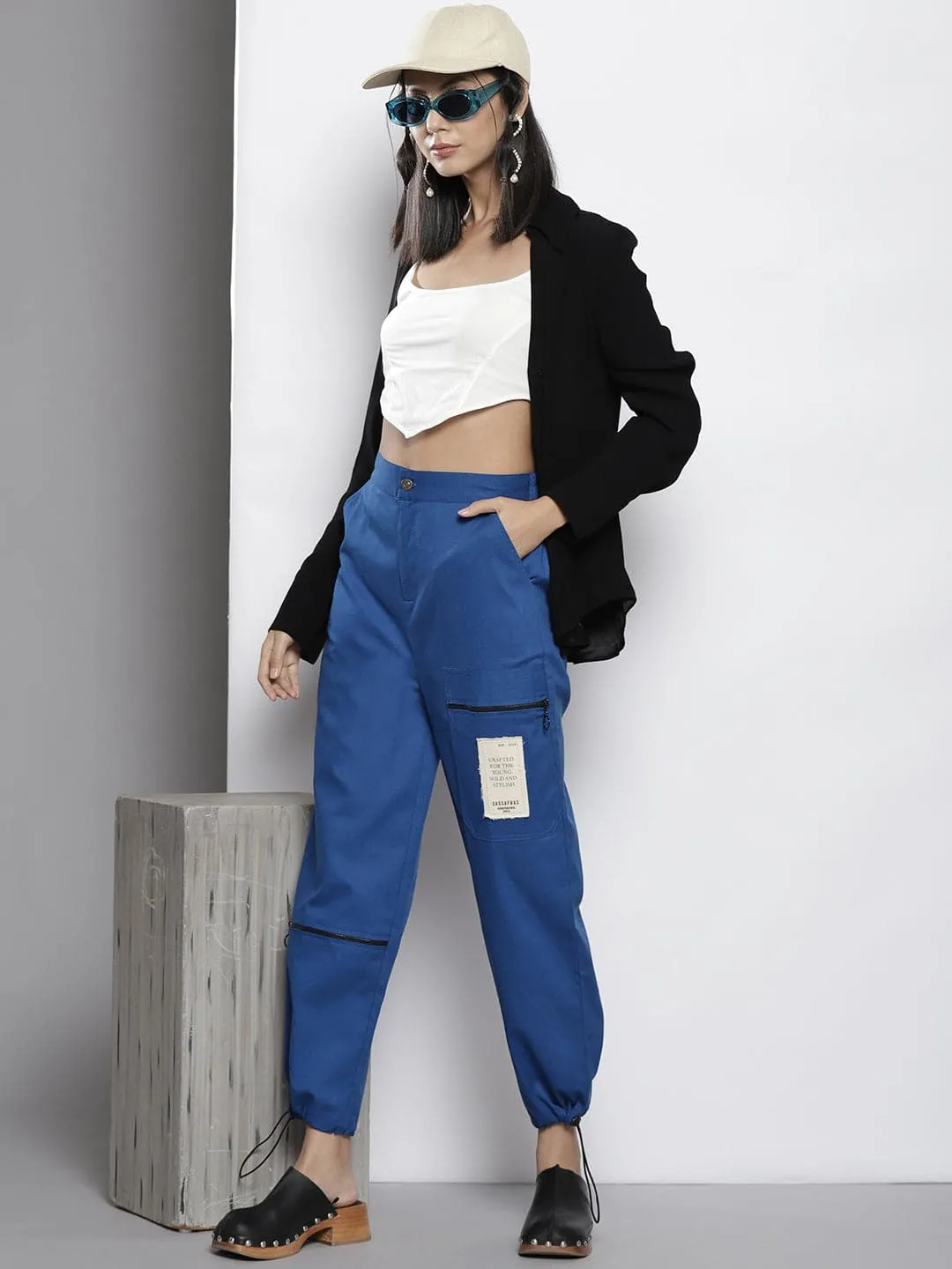 Women Blue Twill Pull Hem Joggers