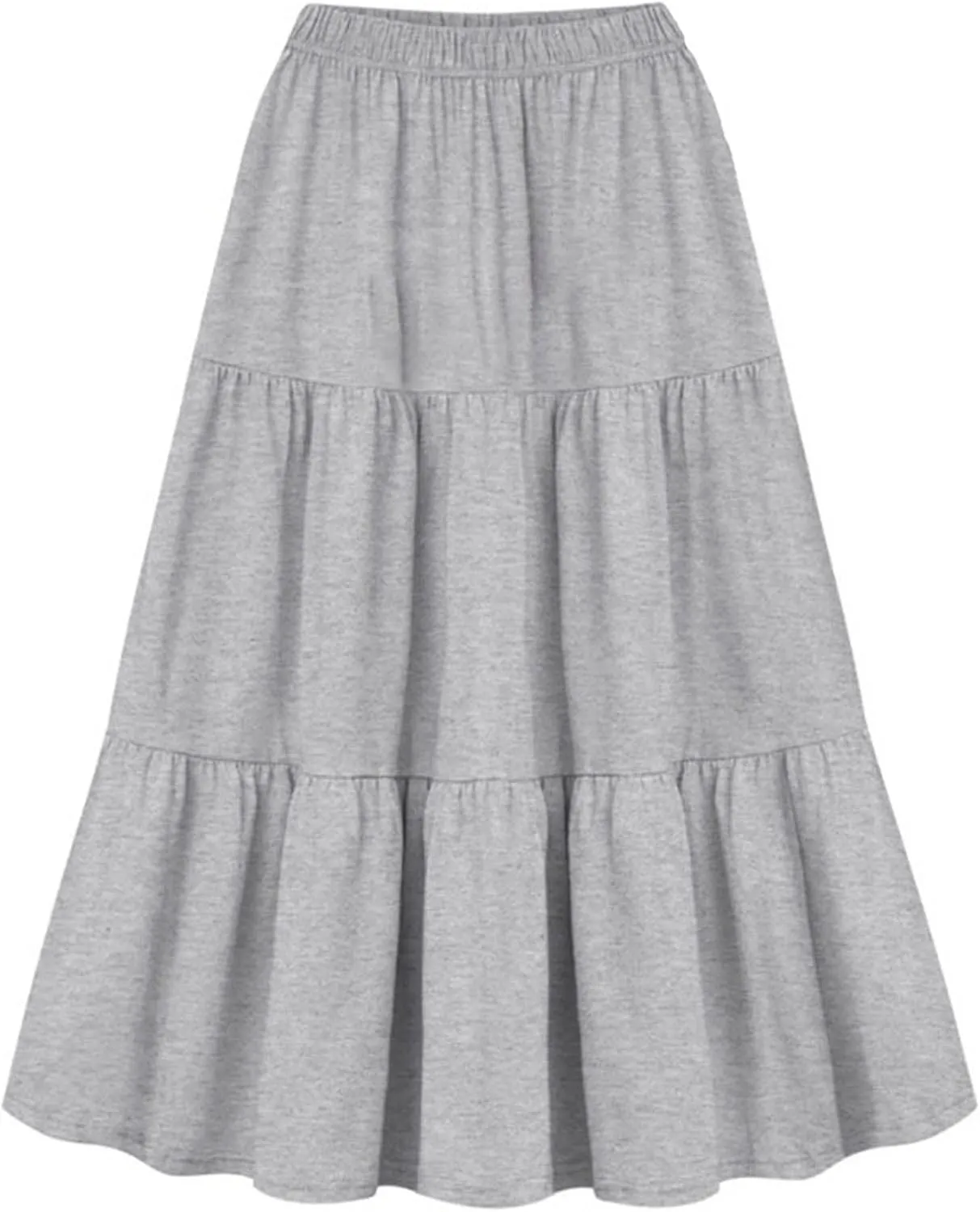 Women Boho Maxi Skirts Solid Elastic Waist Ruffle Tiered Skirt Flowy Swing A-Line Skirt Trendy Pleated Beach Dress