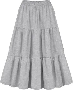 Women Boho Maxi Skirts Solid Elastic Waist Ruffle Tiered Skirt Flowy Swing A-Line Skirt Trendy Pleated Beach Dress