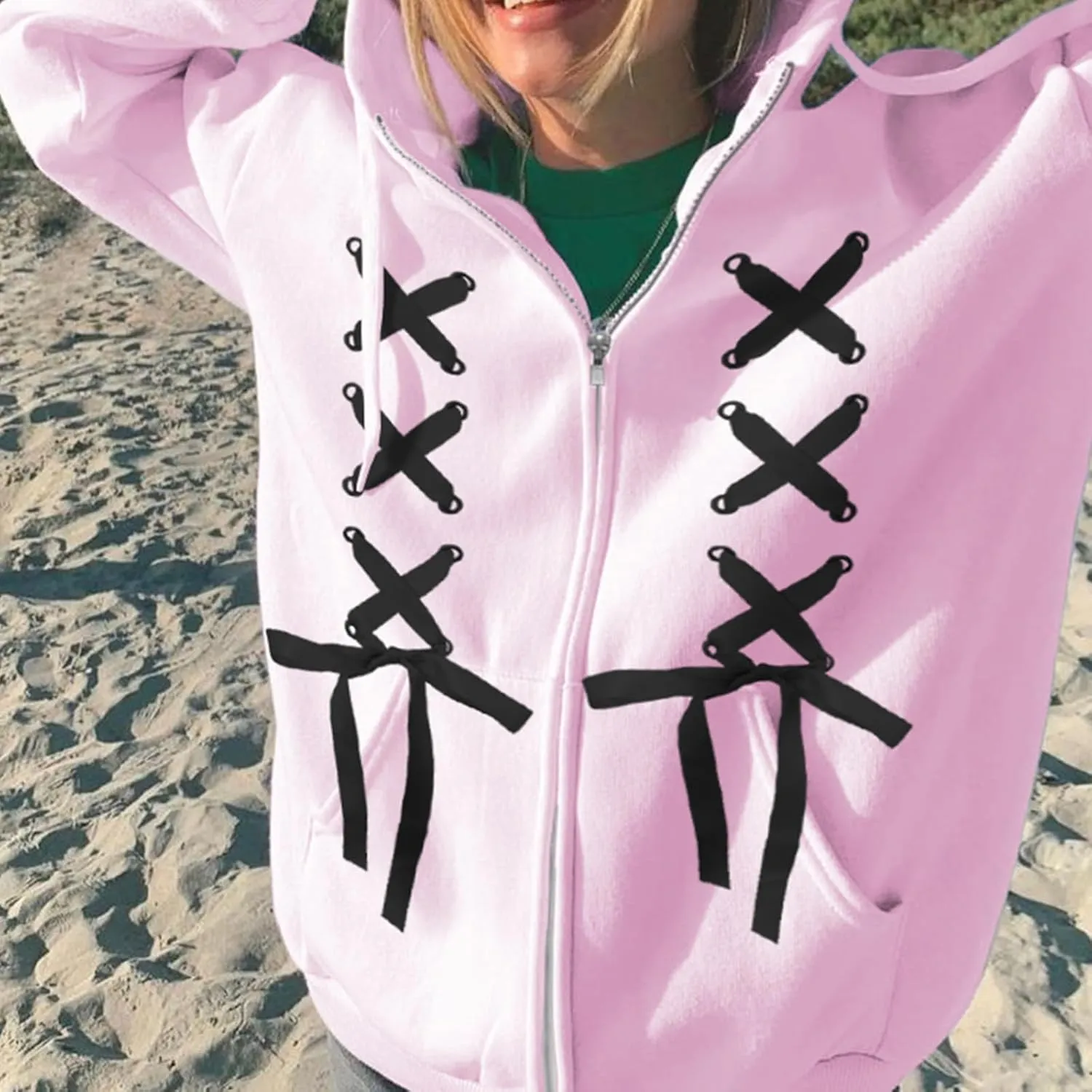 Women Cute Zip up Hoodies Cross Tie Up Bow Loose Oversized Long Sleeve Hooded Sweatshirt Fall Jacket with Pockets
