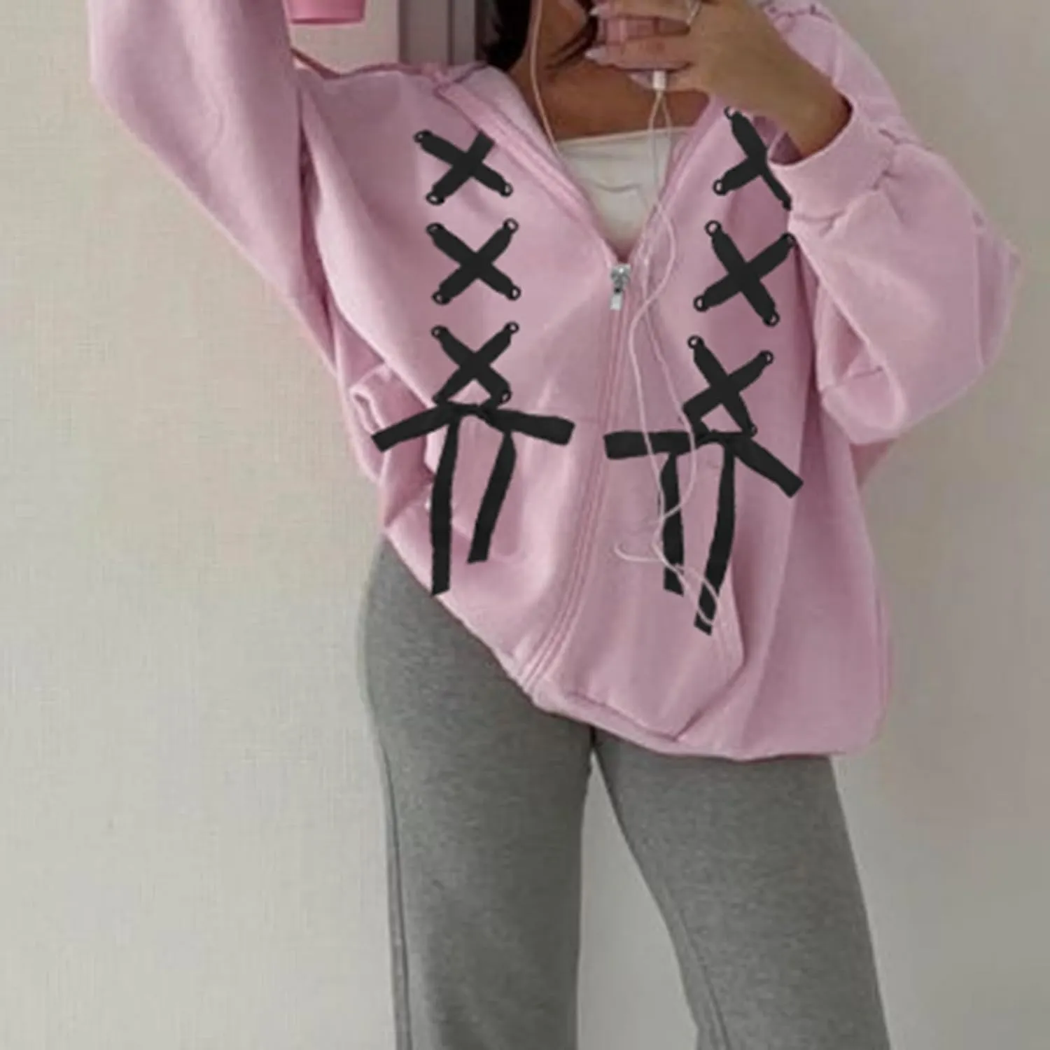 Women Cute Zip up Hoodies Cross Tie Up Bow Loose Oversized Long Sleeve Hooded Sweatshirt Fall Jacket with Pockets