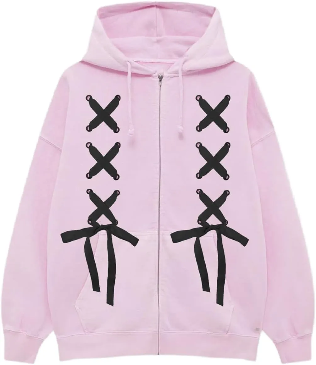 Women Cute Zip up Hoodies Cross Tie Up Bow Loose Oversized Long Sleeve Hooded Sweatshirt Fall Jacket with Pockets