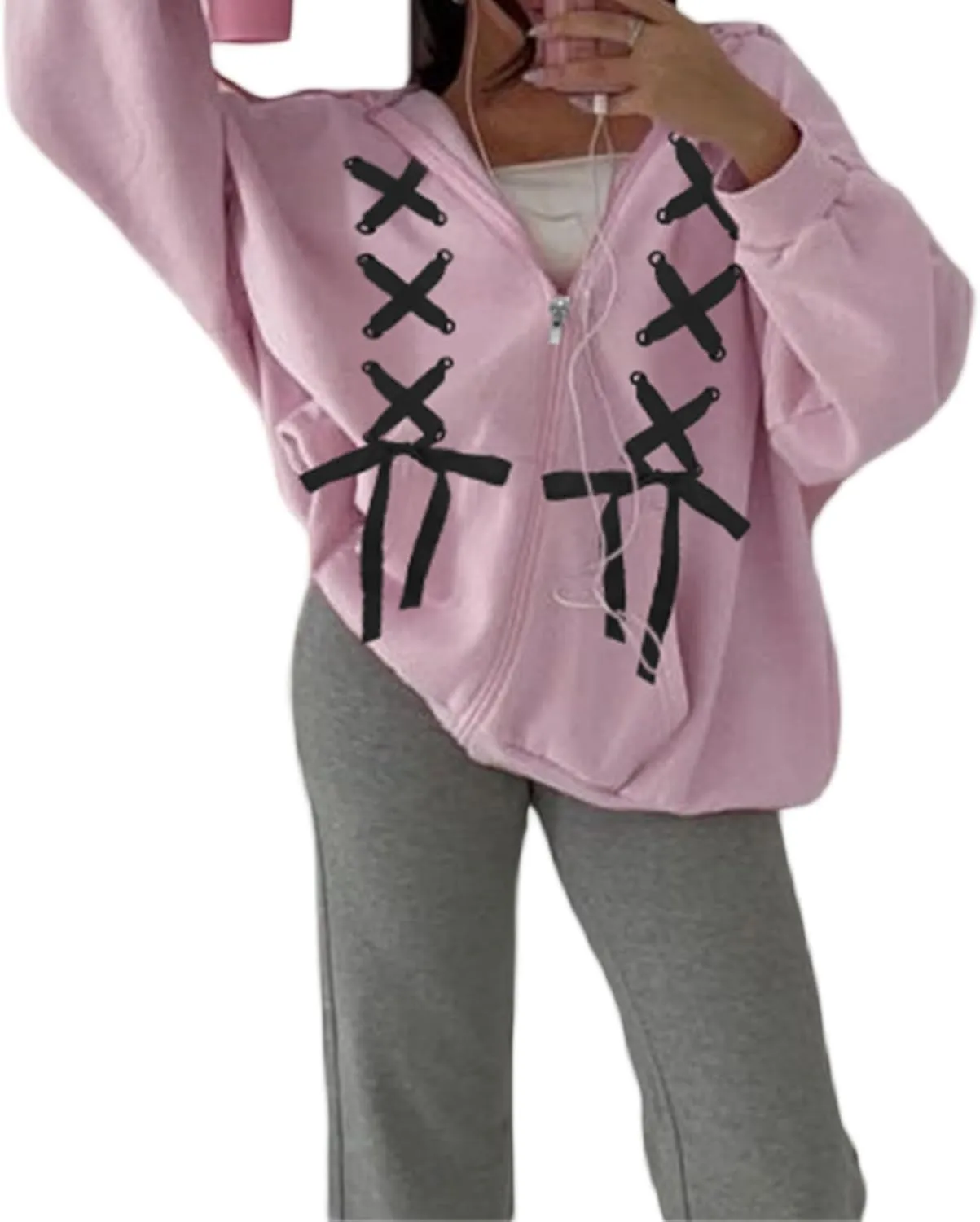 Women Cute Zip up Hoodies Cross Tie Up Bow Loose Oversized Long Sleeve Hooded Sweatshirt Fall Jacket with Pockets