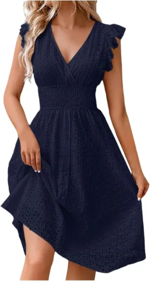 Women Eyelet Dress Midi Flutter Sleeve V Neck Smocked Waist Dresses Summer Sexy A Line Lace Embroidery Sun Dress