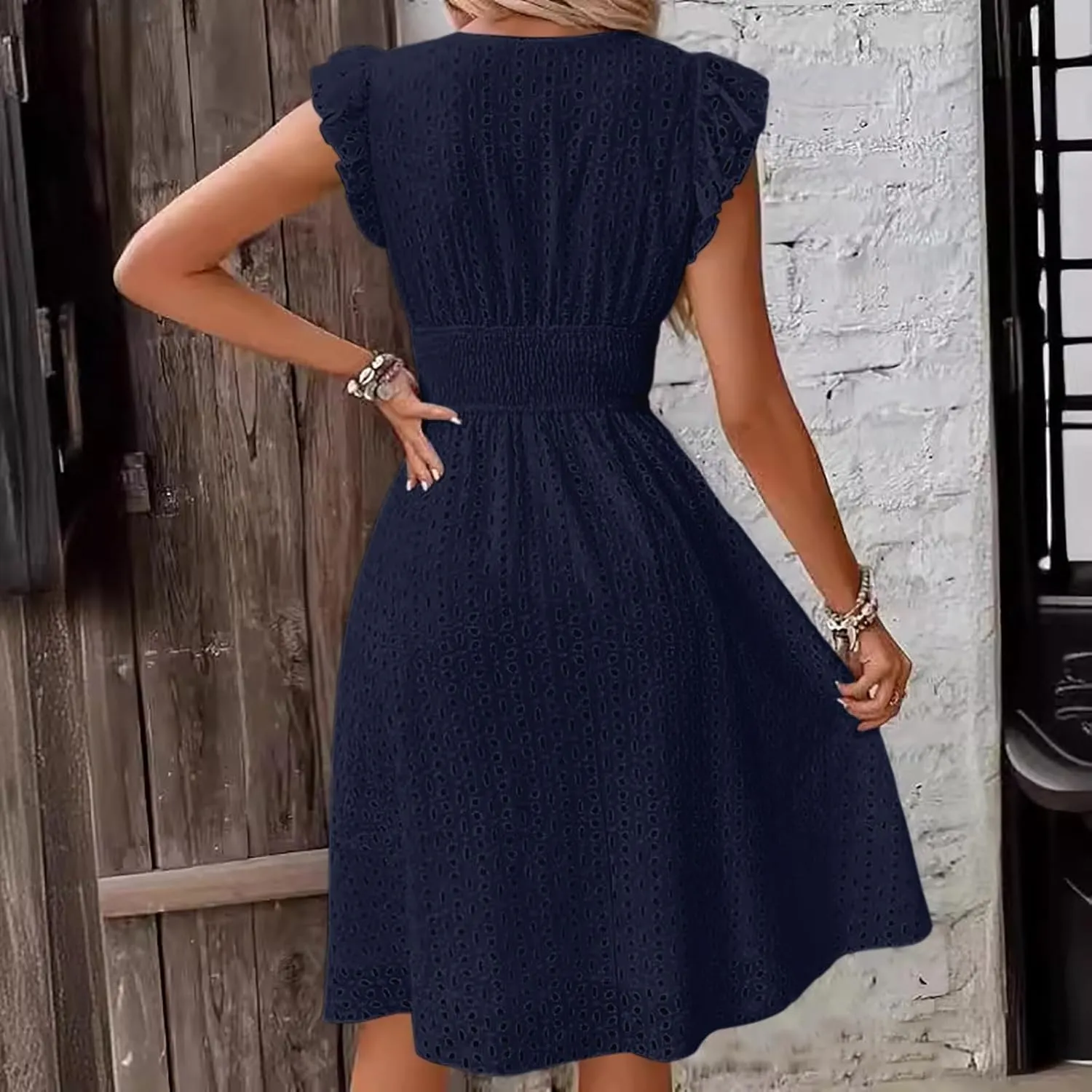 Women Eyelet Dress Midi Flutter Sleeve V Neck Smocked Waist Dresses Summer Sexy A Line Lace Embroidery Sun Dress