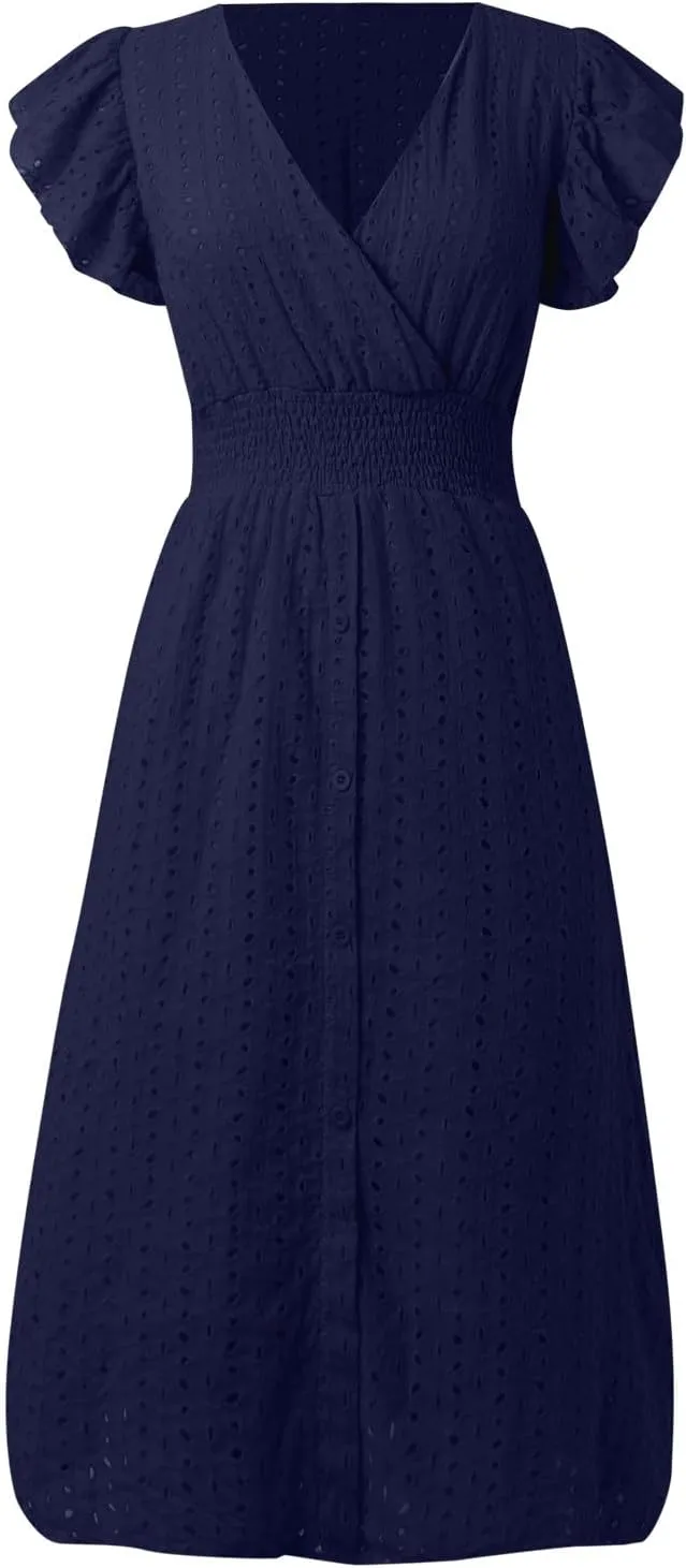 Women Eyelet Dress Midi Flutter Sleeve V Neck Smocked Waist Dresses Summer Sexy A Line Lace Embroidery Sun Dress