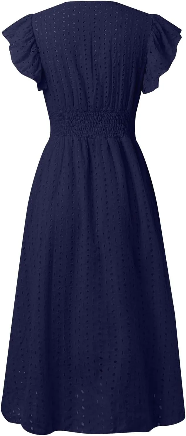 Women Eyelet Dress Midi Flutter Sleeve V Neck Smocked Waist Dresses Summer Sexy A Line Lace Embroidery Sun Dress