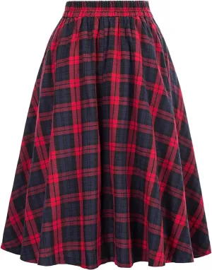 Women Fashion Casual Plaid Skirt Vintage A Line Skirts Vintage Skirt Plaid High Waist Plus Size Midi Pleated Skirts