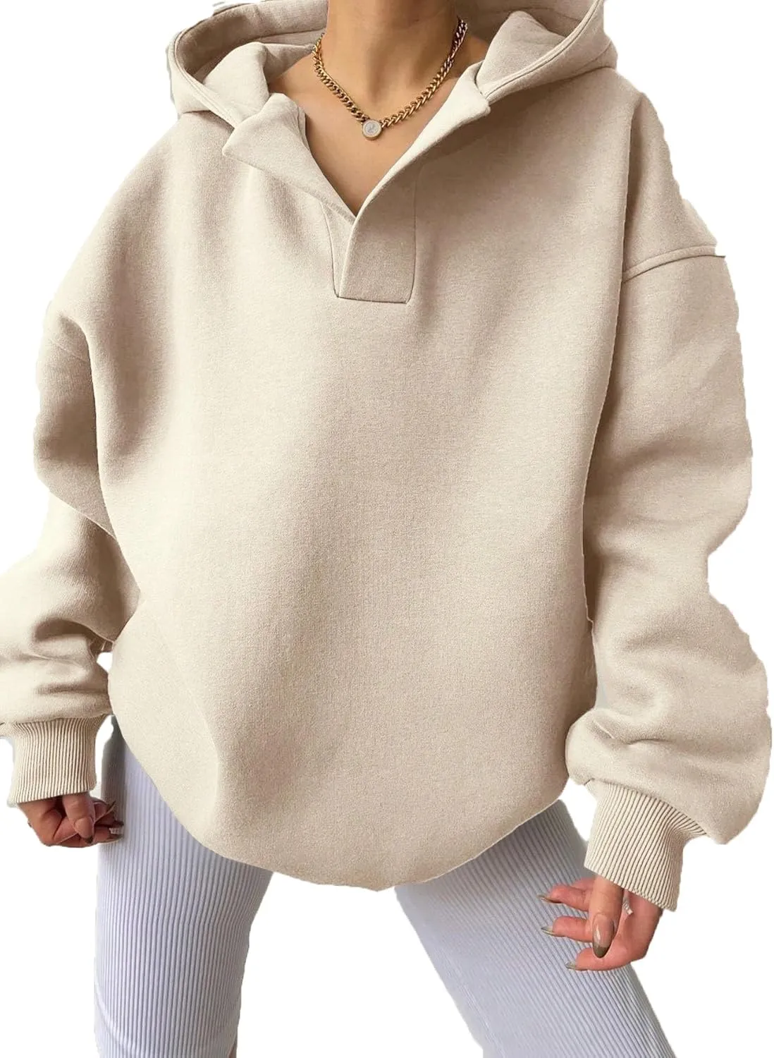 Women Hoodies Oversized Fleece Long Sleeve Comfy Casual V Neck Pullover Sweatshirts Preppy Clothes