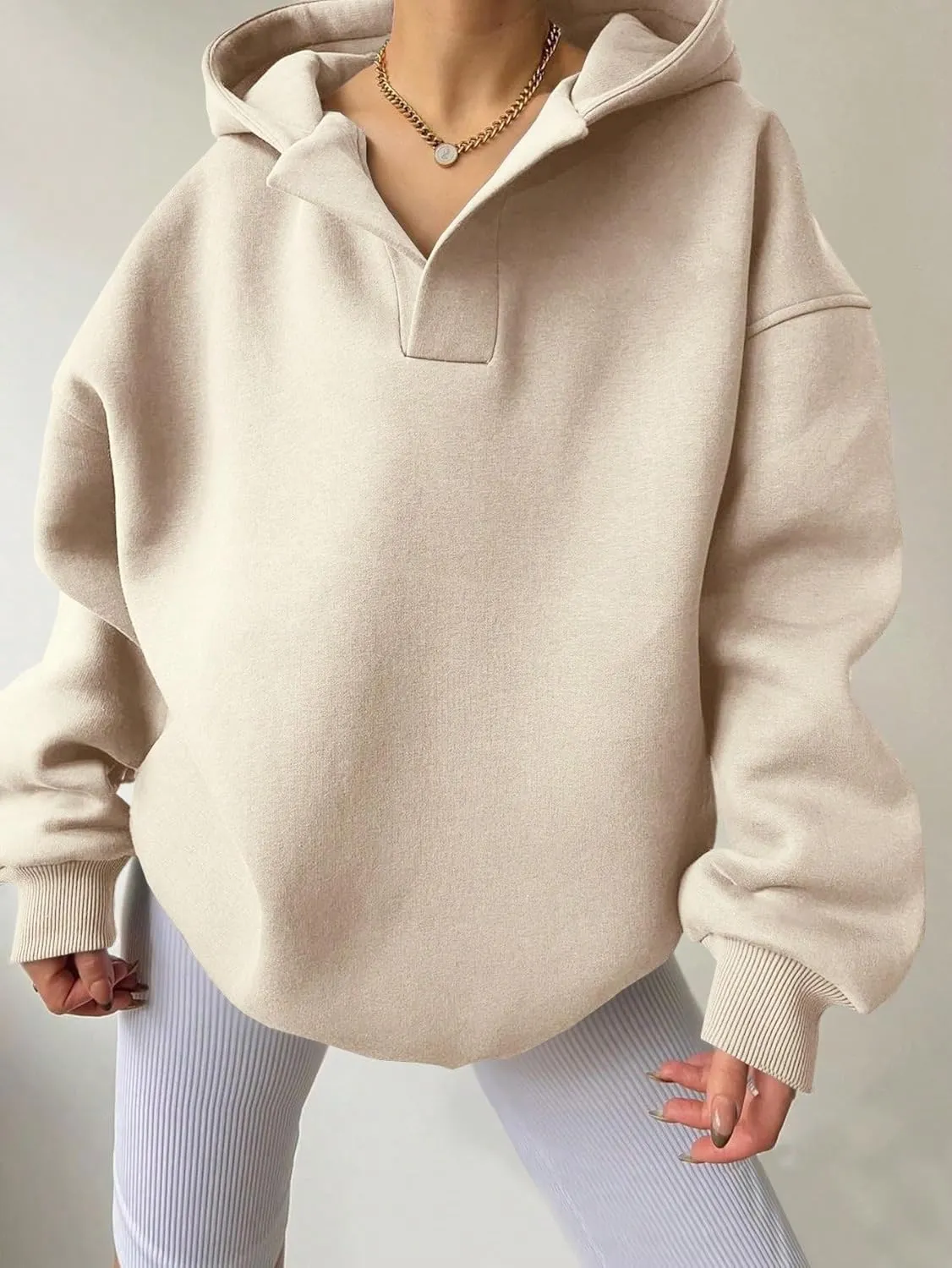 Women Hoodies Oversized Fleece Long Sleeve Comfy Casual V Neck Pullover Sweatshirts Preppy Clothes