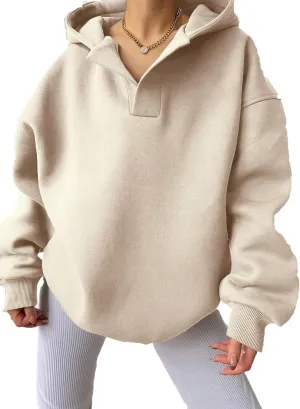 Women Hoodies Oversized Fleece Long Sleeve Comfy Casual V Neck Pullover Sweatshirts Preppy Clothes