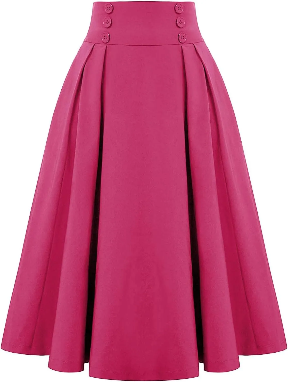 Women Midi Skirt Button High Waisted Elastic Casual Solid Color Pleated Knee Length Flowy A Line Skirts