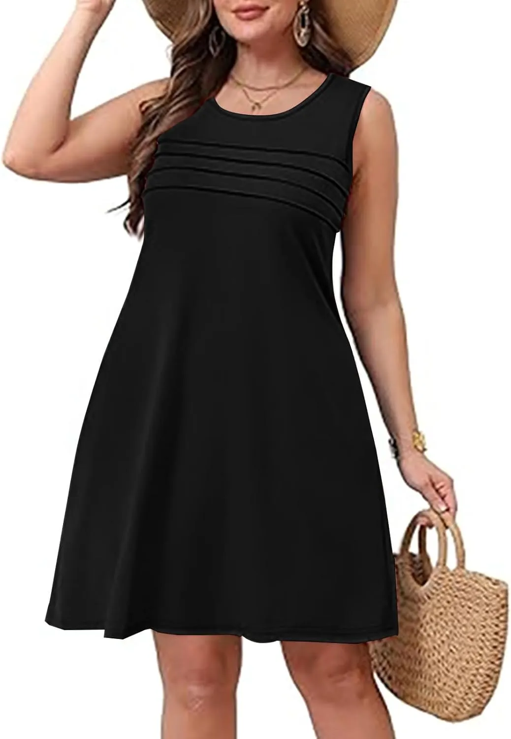 Women Pleated Front Tank Dresses with Pockets Spring Summer Sleeveless Sundress Casual Loose Fit Crewneck Tunic Dress