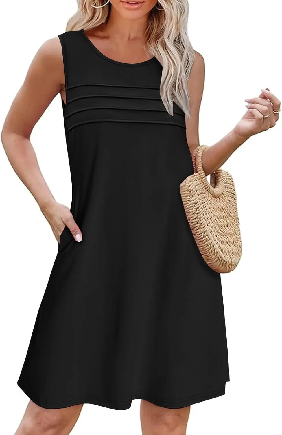 Women Pleated Front Tank Dresses with Pockets Spring Summer Sleeveless Sundress Casual Loose Fit Crewneck Tunic Dress