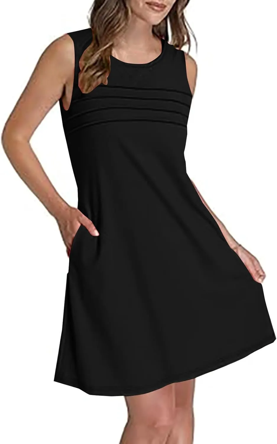 Women Pleated Front Tank Dresses with Pockets Spring Summer Sleeveless Sundress Casual Loose Fit Crewneck Tunic Dress