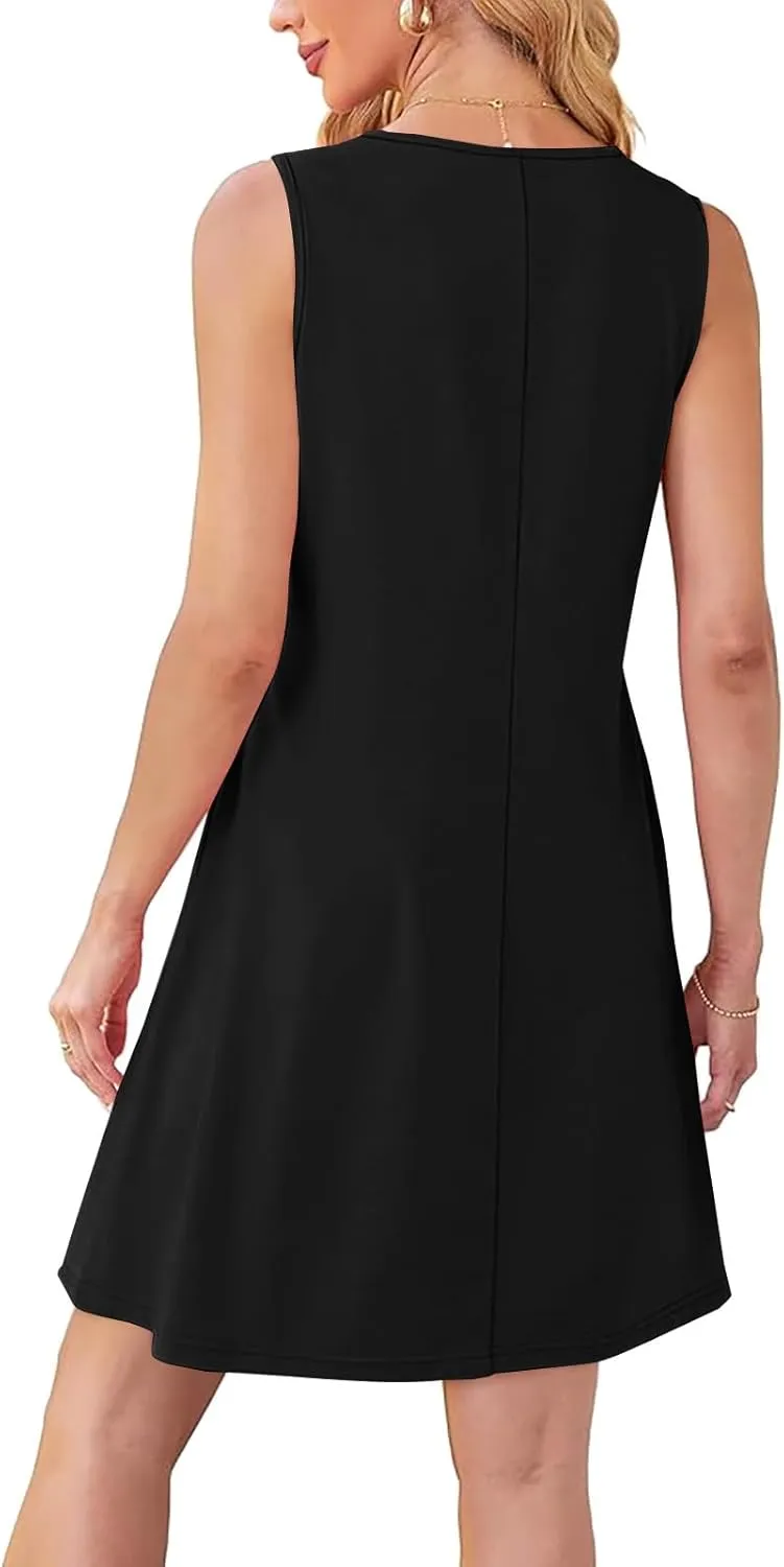 Women Pleated Front Tank Dresses with Pockets Spring Summer Sleeveless Sundress Casual Loose Fit Crewneck Tunic Dress