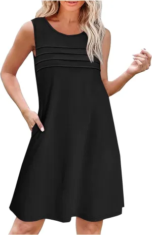 Women Pleated Front Tank Dresses with Pockets Spring Summer Sleeveless Sundress Casual Loose Fit Crewneck Tunic Dress