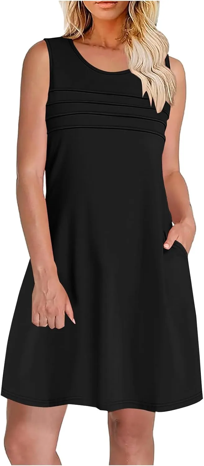 Women Pleated Front Tank Dresses with Pockets Spring Summer Sleeveless Sundress Casual Loose Fit Crewneck Tunic Dress