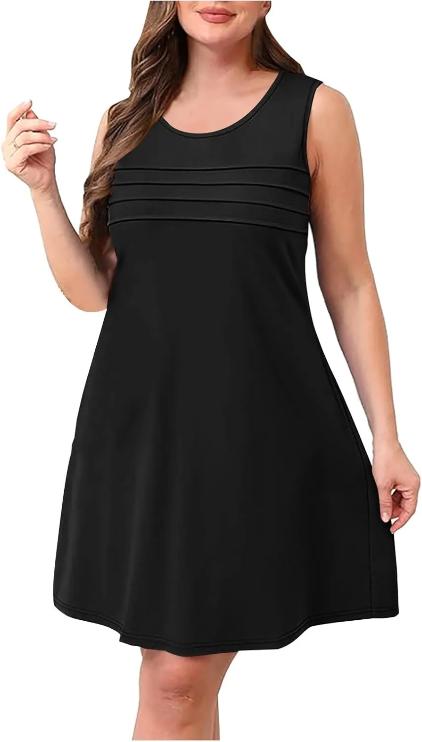 Women Pleated Front Tank Dresses with Pockets Spring Summer Sleeveless Sundress Casual Loose Fit Crewneck Tunic Dress