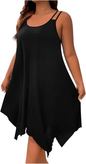 Women Plus Size Casual Dress, Summer Sleeveless Spaghetti Strap Beach Dresses Fashion Irregular Hem Vacation Clothes