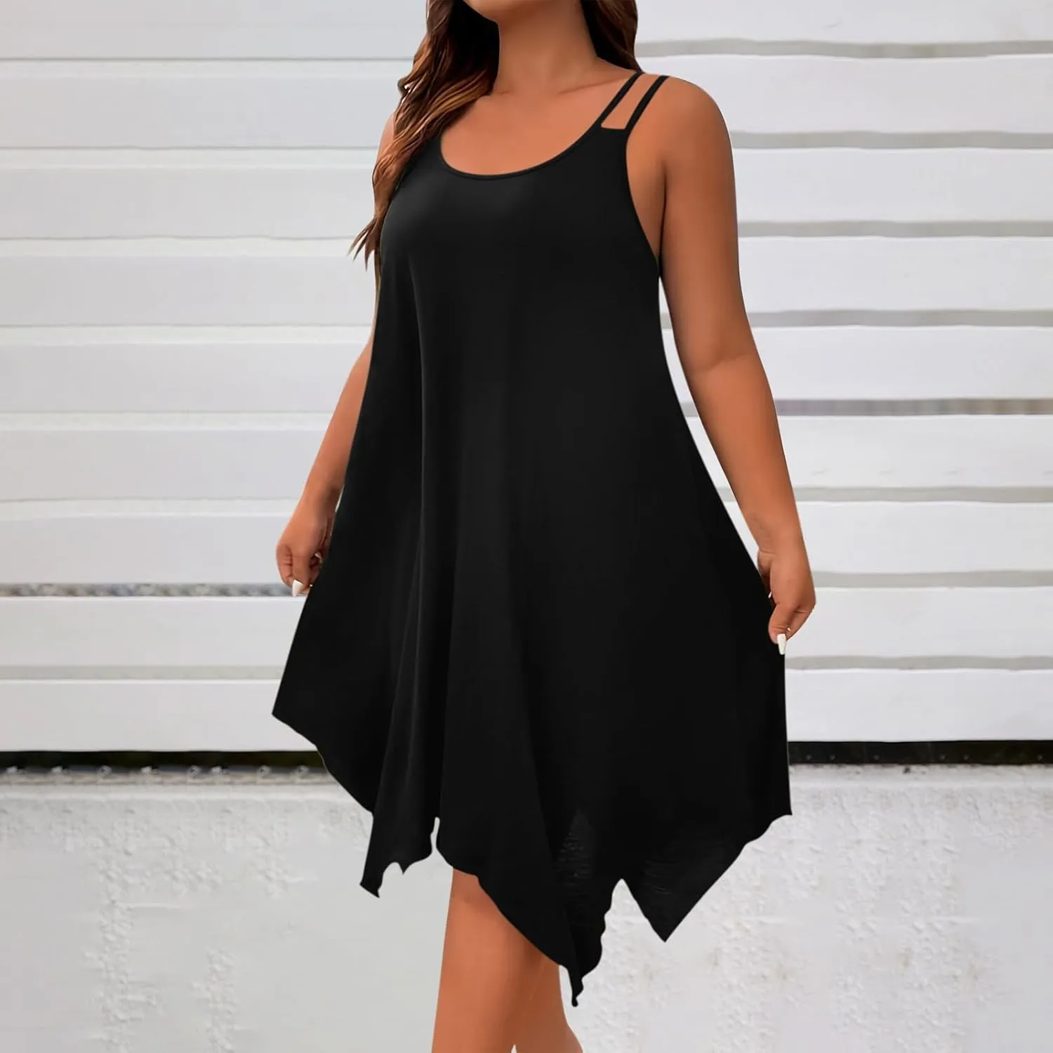 Women Plus Size Casual Dress, Summer Sleeveless Spaghetti Strap Beach Dresses Fashion Irregular Hem Vacation Clothes