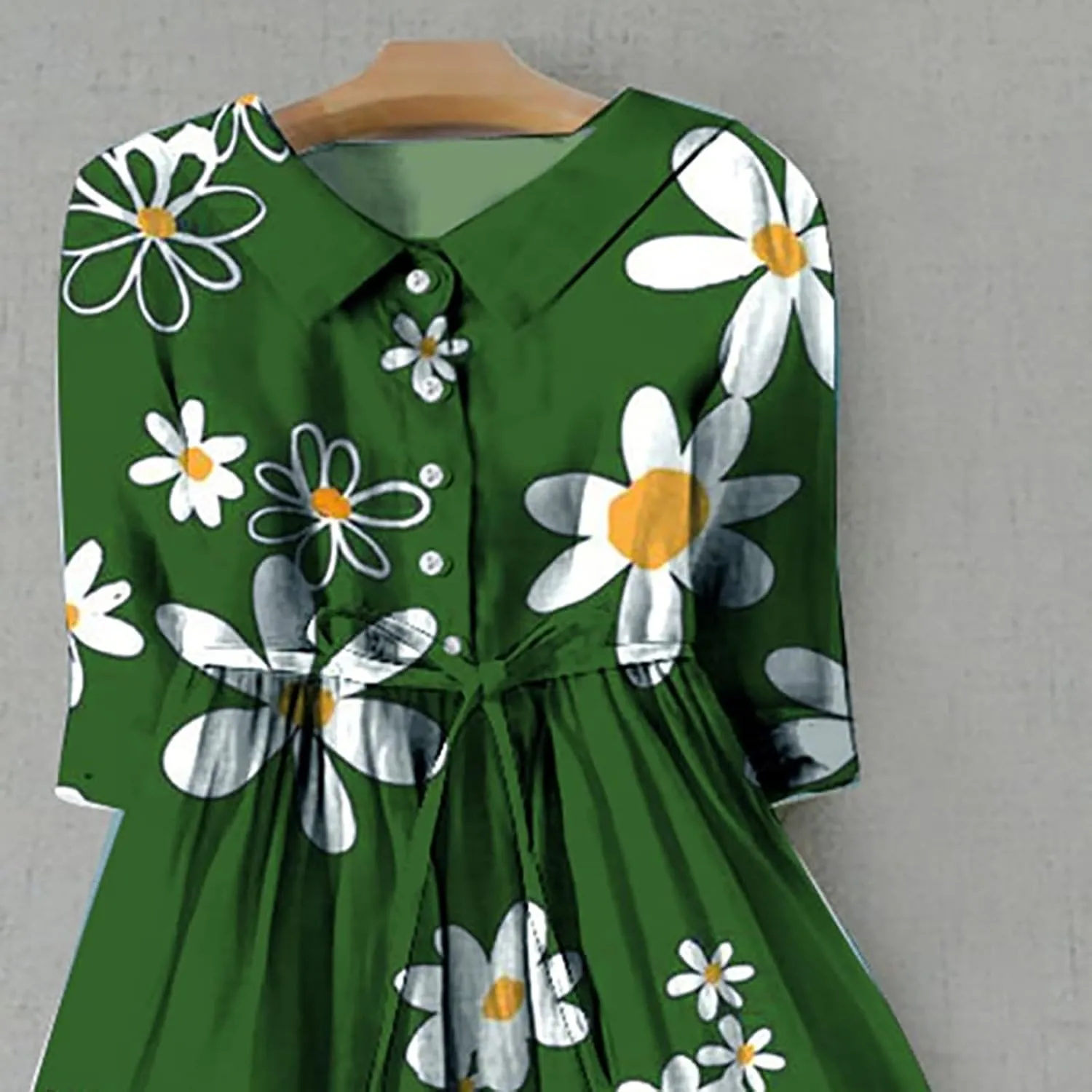 Women Retro Boho Floral Print Cotton Linen Dress Lapel Button 3/4 Sleeve Casual Midi Shirt Dresses Summer Pleated Dress