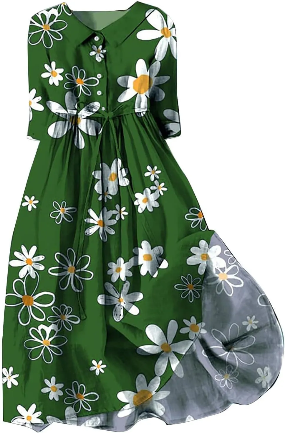 Women Retro Boho Floral Print Cotton Linen Dress Lapel Button 3/4 Sleeve Casual Midi Shirt Dresses Summer Pleated Dress