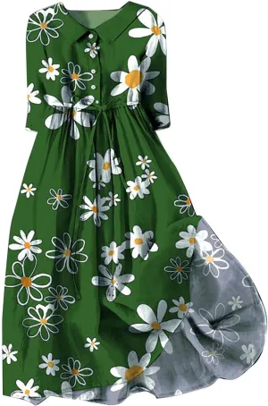 Women Retro Boho Floral Print Cotton Linen Dress Lapel Button 3/4 Sleeve Casual Midi Shirt Dresses Summer Pleated Dress