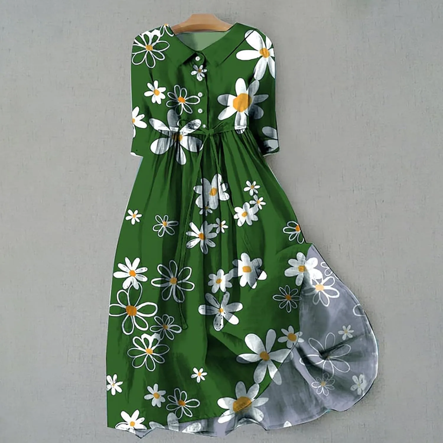 Women Retro Boho Floral Print Cotton Linen Dress Lapel Button 3/4 Sleeve Casual Midi Shirt Dresses Summer Pleated Dress