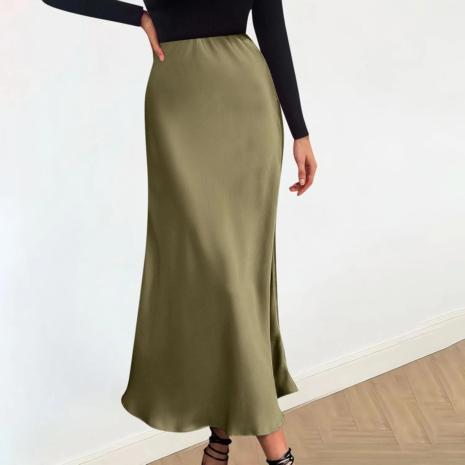 Women Satin Basic Midi Skirt Bodycon High Waist Pencil Skirts Elegant Casual Slim Fit Work Skirt for Going Out