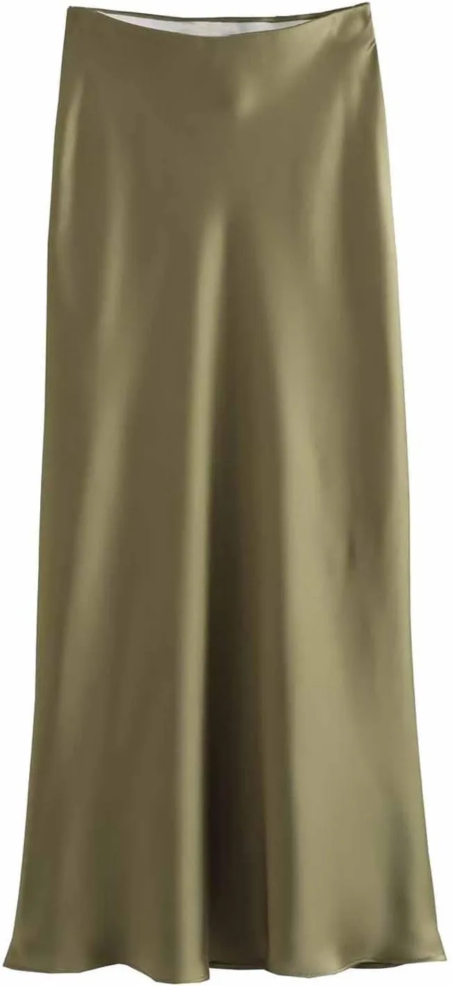 Women Satin Basic Midi Skirt Bodycon High Waist Pencil Skirts Elegant Casual Slim Fit Work Skirt for Going Out