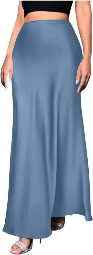 Women Satin Bodyocn Maxi Skirt Elegant High Waisted A Line Mermaid Skirts Cocktail Party Prom Casual Long Skirt