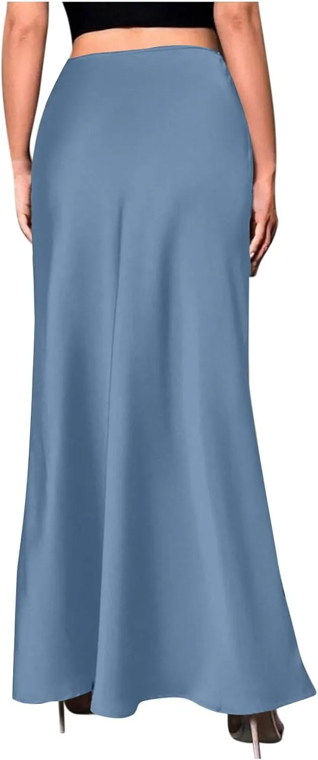 Women Satin Bodyocn Maxi Skirt Elegant High Waisted A Line Mermaid Skirts Cocktail Party Prom Casual Long Skirt