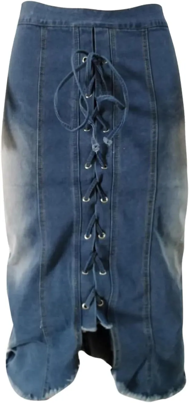 Women Skirts Drawstring Lace Up Summer High-Rise Denim Skirt Trending Patchwork Splicing Western Vintage Skirt