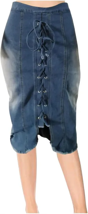 Women Skirts Drawstring Lace Up Summer High-Rise Denim Skirt Trending Patchwork Splicing Western Vintage Skirt
