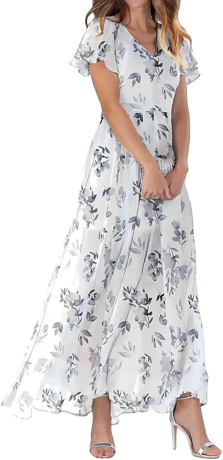 Women Summer Bohemian Floral Chiffon Wrap V Neck Ruffle Cap Sleeveless A-Line Pleated Hem Midi Beach Swing Sun Dress