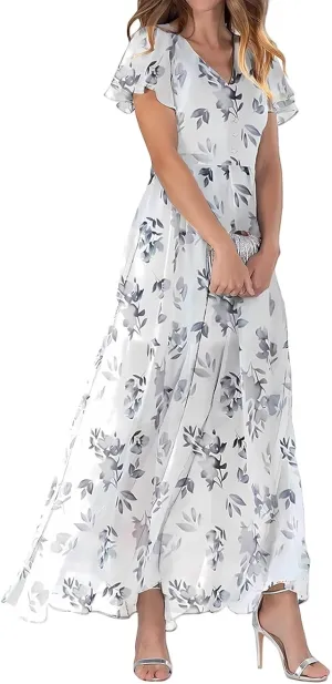 Women Summer Bohemian Floral Chiffon Wrap V Neck Ruffle Cap Sleeveless A-Line Pleated Hem Midi Beach Swing Sun Dress