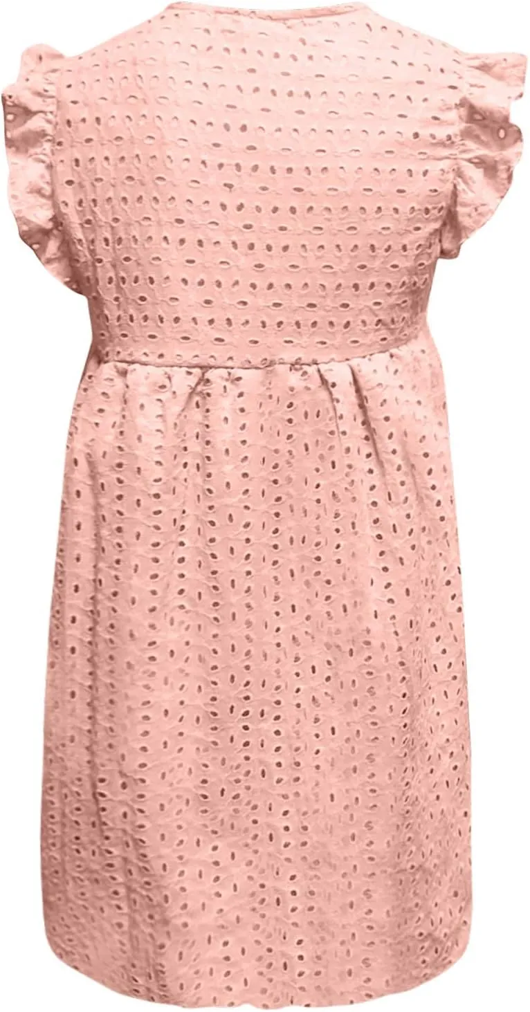 Women Summer Casual Wrap V-Neck Lace Hollow Out Ruffle Sleeveless Swing A-Line Party Birthday Babydoll Cute Mini Dresses