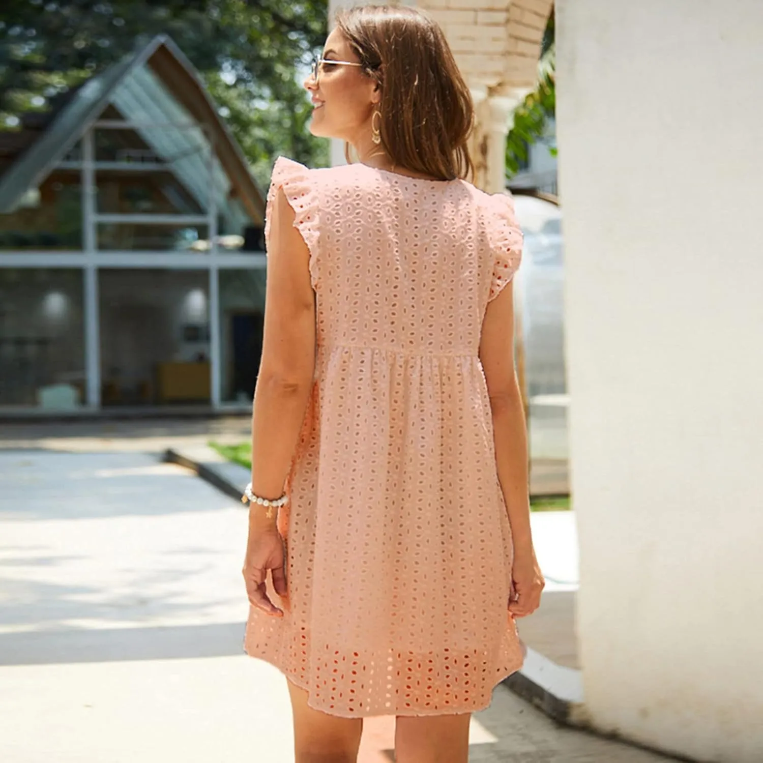 Women Summer Casual Wrap V-Neck Lace Hollow Out Ruffle Sleeveless Swing A-Line Party Birthday Babydoll Cute Mini Dresses