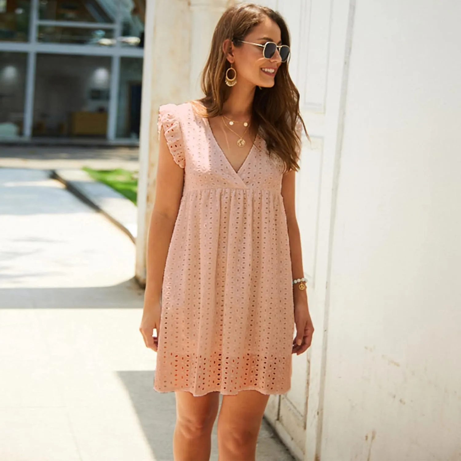 Women Summer Casual Wrap V-Neck Lace Hollow Out Ruffle Sleeveless Swing A-Line Party Birthday Babydoll Cute Mini Dresses