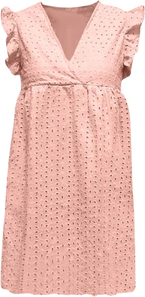 Women Summer Casual Wrap V-Neck Lace Hollow Out Ruffle Sleeveless Swing A-Line Party Birthday Babydoll Cute Mini Dresses