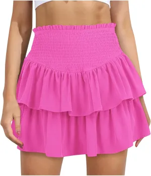 Women Summer Tiered Short Skirt with Shorts, Smocked High Waisted Ruffle Mini Skirts Teen Girls Cute Casual Skirts